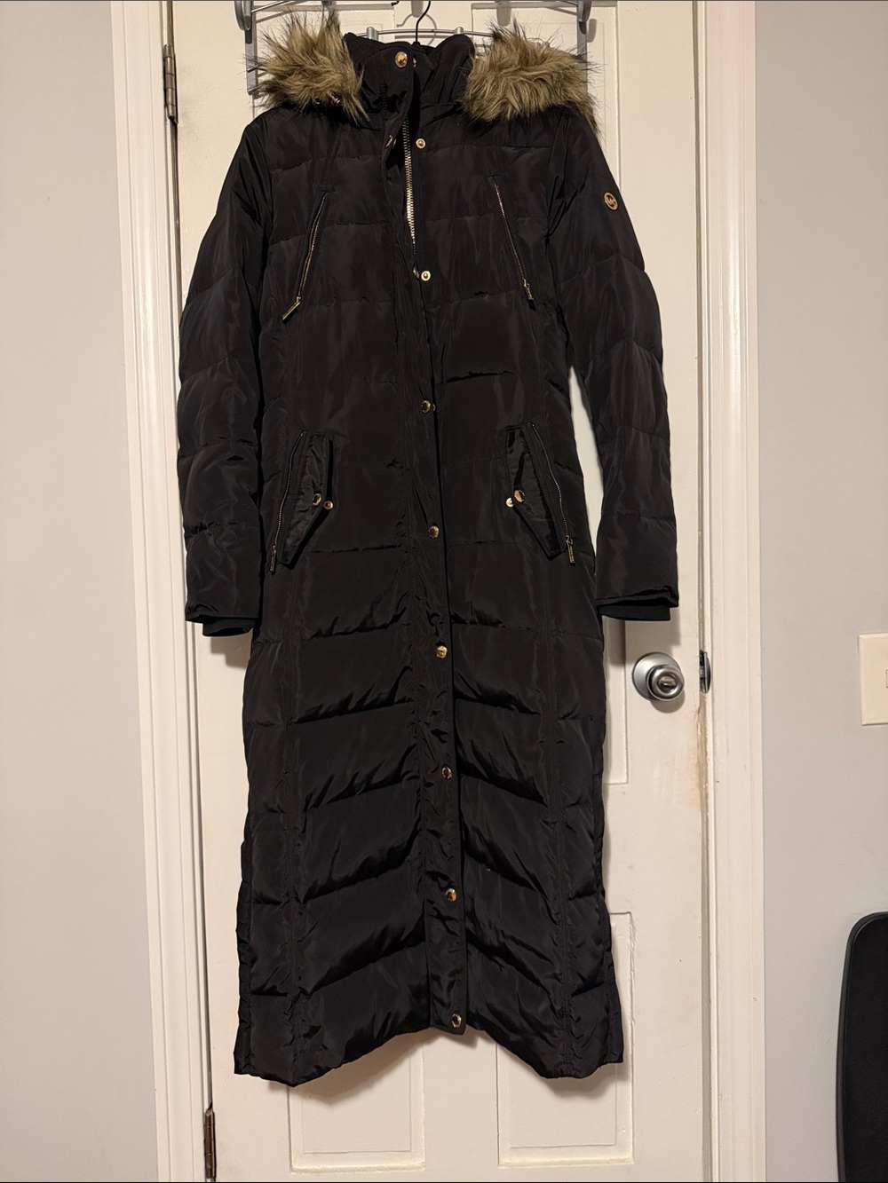 Long Black Quilted Hooded Puffer Coat with Faux Fur Trim